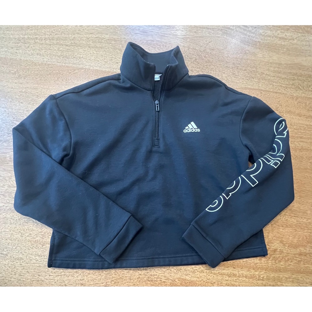 Adidas Womens Quarter Zip Cropped Pullover Sweatshirt Black H09267 Large